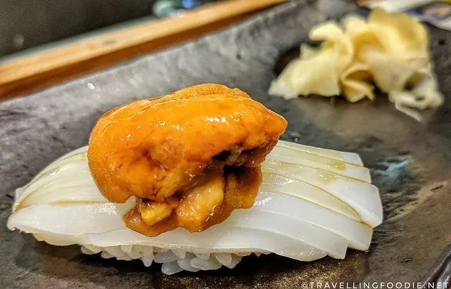 Aori Ika (Bigfin Reef Squid) with Uni (Sea Urchin) Sushi at Zen Japanese Restaurant in Markham, Ontario