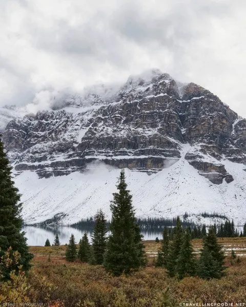 Crowfoot Mountain at Bow Lake in Icefields Parkway Overlook in Alberta, Canada