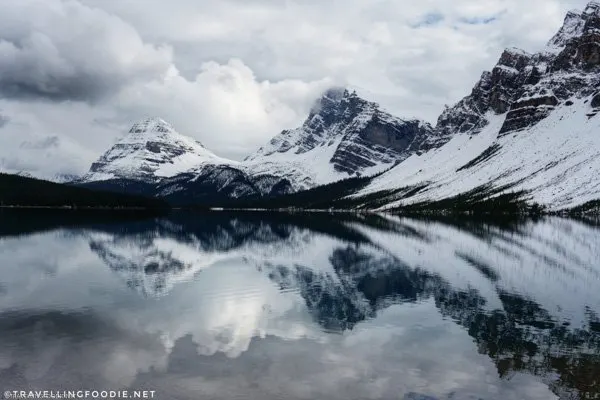 Crowfoot Mountain and BowCrow Peak Reflections at Bow Lake in Banff National Park, Alberta, Canada