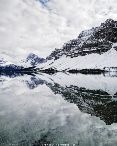 Bow Lake Reflections of Crowfoot Mountain, BowCrow Peak and Bow Peak at Banff National Park, Alberta, Canada