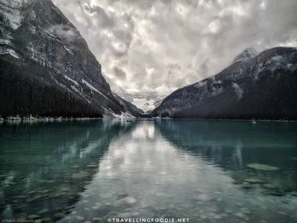 Lake Louise on cloudy day at Banff National Park, Alberta, Canada