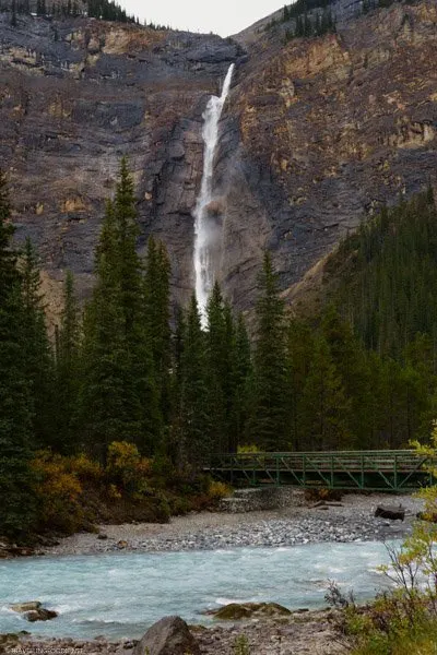 Takakkaw Falls with bridge and river at Yoho National Park, British Columbia in the Canadian Rockies