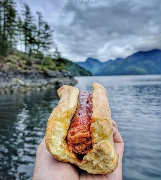 Eating sausage with a view of the Islands