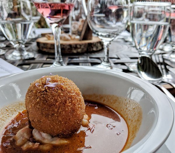 Deep-fried Sidestripe Shrimp & Grits, Creole Sidestripe Shrimp Bisque by Chef Alain Chabot at Chef's Shellfish Showdown for BC Shellfish and Seafood Festival 2017 in Comox Valley, British Columbia