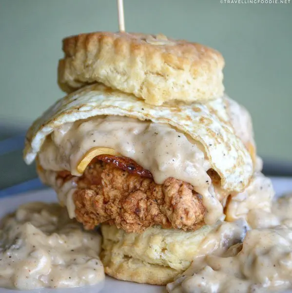 Close-up of The Five and Dime Biscuit Sandwich at Maple Street Biscuit Company in Jacksonville, Florida
