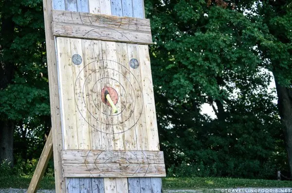 Axe throw bullseye at Long Point Eco Adventures in St. Williams, Norfolk County, Ontario