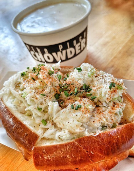 Clam Chowder and Dungeness Crab Roll at Pike Place Chowder in Seattle, Washington