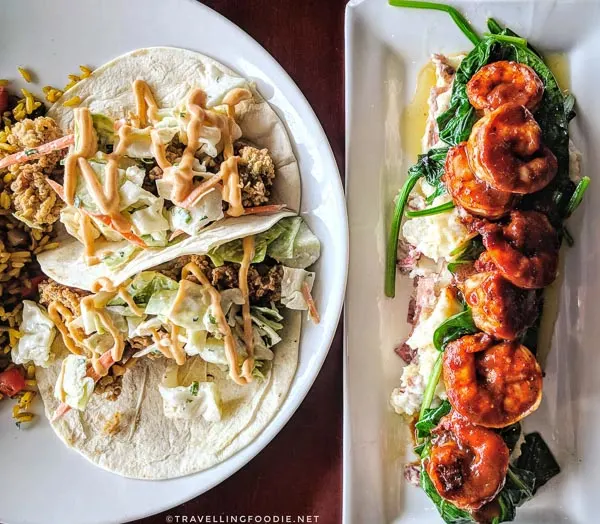 BBQ Grilled Shrimp and Fried Oyster Tacos at Reel Seafood in Downtown Woodstock, Georgia
