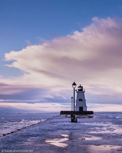 Port Maitland pier and lighthouse during the winter in Dunnville, Haldimand County, Ontario