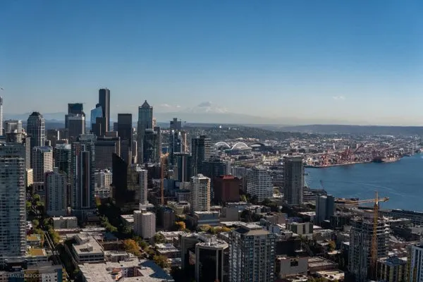 Mount Rainier backdrop of Seattle, Washington in Space Needle