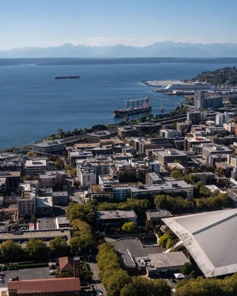 View of seaport from Space Needle in Seattle, Washington