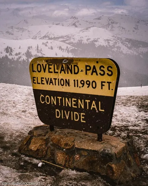 Loveland Pass Sign saying Elevation 11,990 feet at Colorado Continental Divide