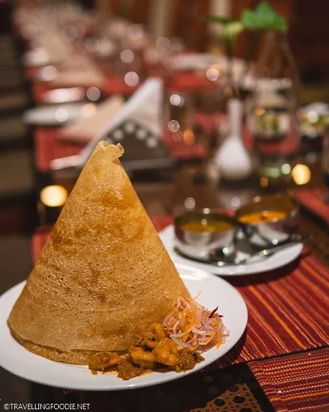Dosa with Shrimp Coconut Curry at The Elephant Court Thekkady in Kerala, India