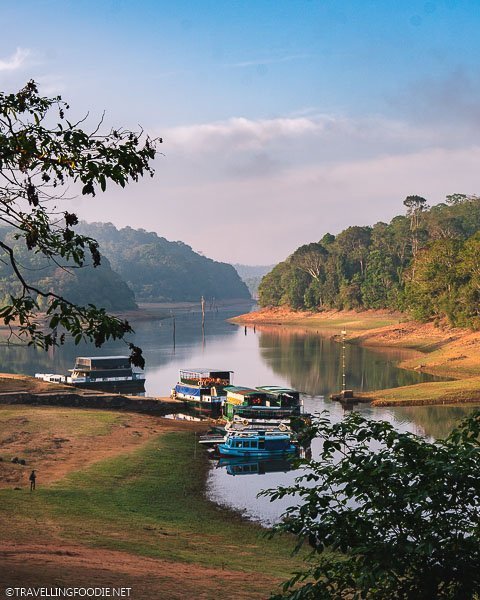 Boats on lake at Periyar Wildlife Sanctuary in Thekkady, India