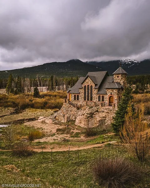 Colorado Landmark Saint Malo Chapel on the Rock from the road in Estes Park