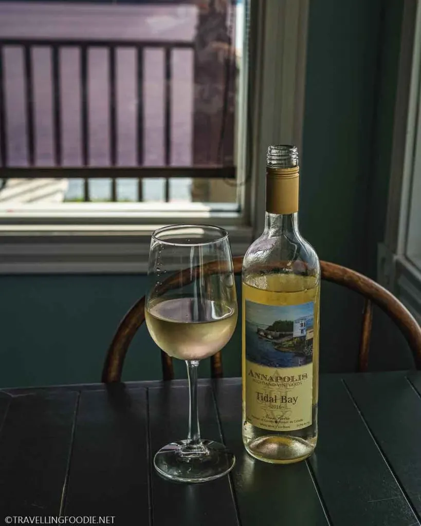Annapolis Highlands vineyards Tidal Bay Wine 2016 at Argyler Restaurant in Argyle, Nova Scotia