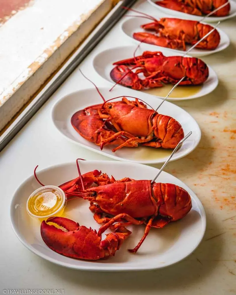 Plated Boiled Lobsters at Halls Harbour Lobster Pound in Centreville, Nova Scotia