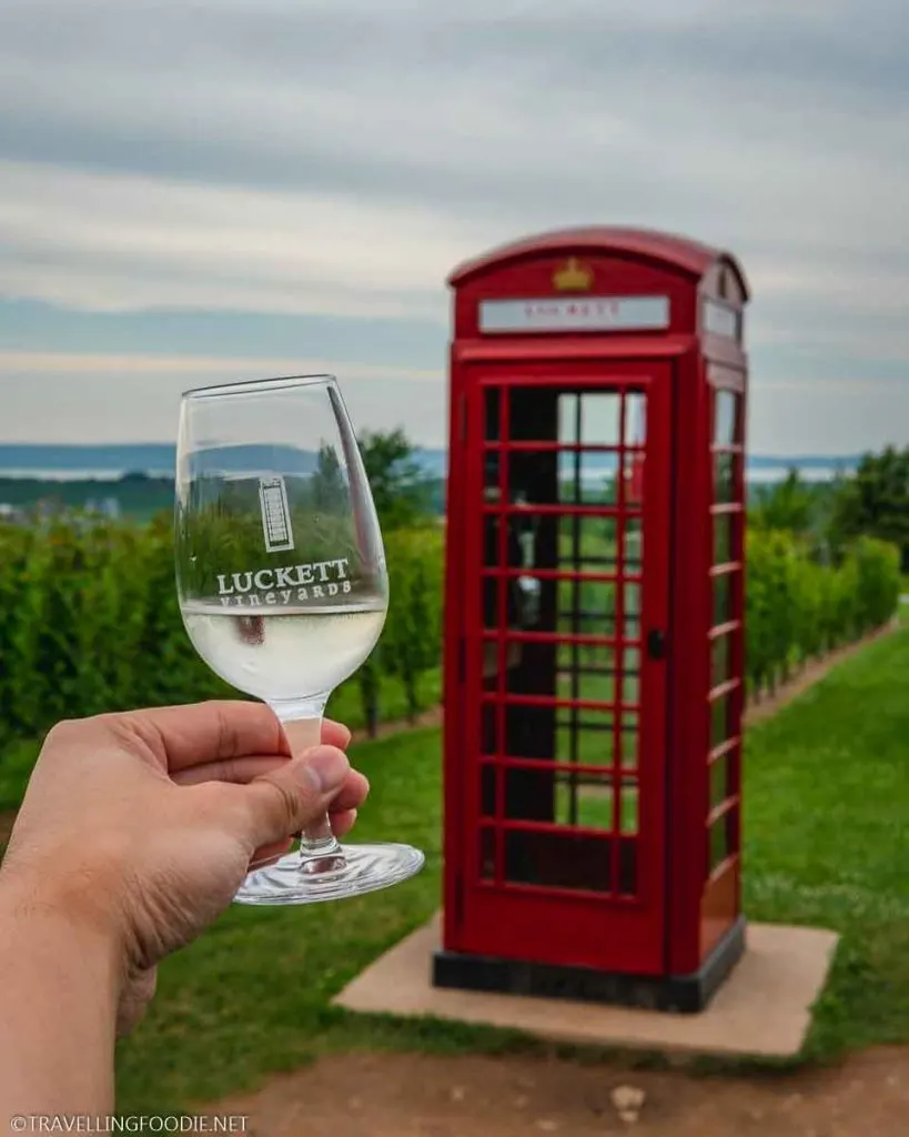 Holding Wine Glass on Red Phone Booth at Luckett Vineyards in Wolfville, Nova Scotia