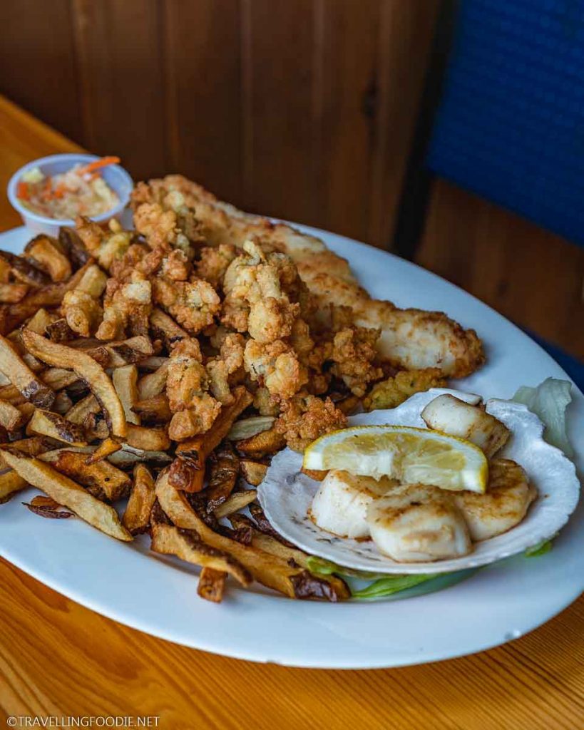 Platter of Pan-Seared Scallops, Fried Haddock and Clams at The Crow's Nest in Digby, Nova Scotia