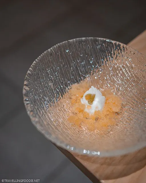 Aged Peaches and Cream from Winter Tasting Menu 2019 at Frilu Restaurant in Toronto, Ontario