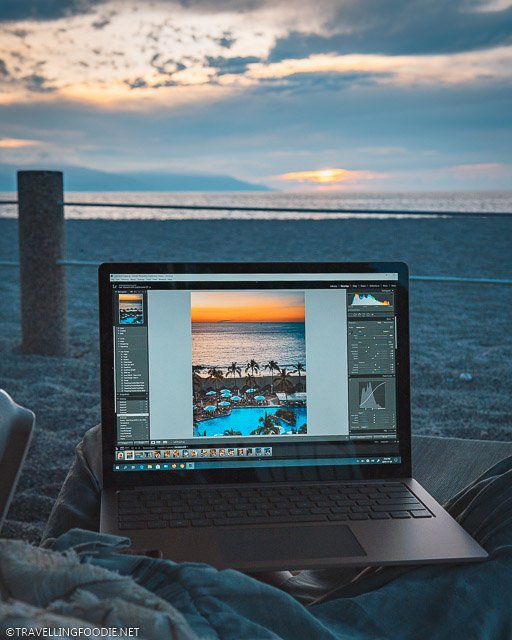 Microsoft Surface Laptop 3 with Adobe Lightroom on Beach Chair at Camarones Beach in Puerto Vallarta, Mexico