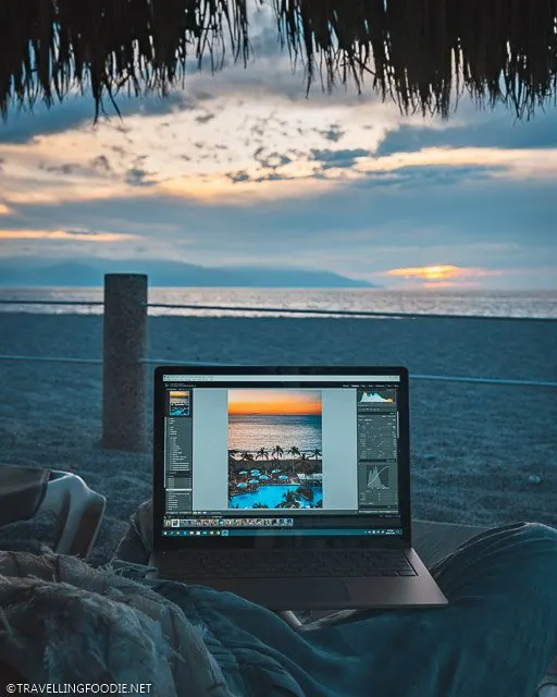 Microsoft Surface Laptop 3 on beach chairs at Sheraton Buganvilias Resort in Puerto Vallarta, Mexico