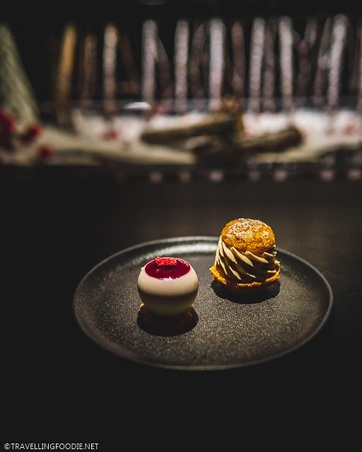 Raspberry Cheesecake Ball and Hazelnut Cream Puff at L'Atelier de Joel Robuchon for Montreal en Lumiere 2020 Tasting Menu
