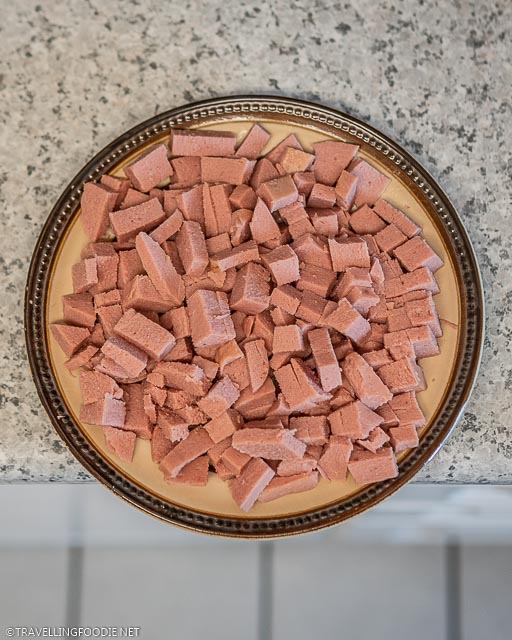 Diced Spam Luncheon Meat on a Plate