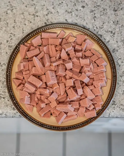 Diced Spam Luncheon Meat on a Plate