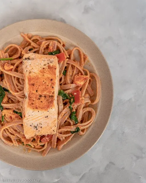 Creamy sun dried tomato pesto and salmon pasta
