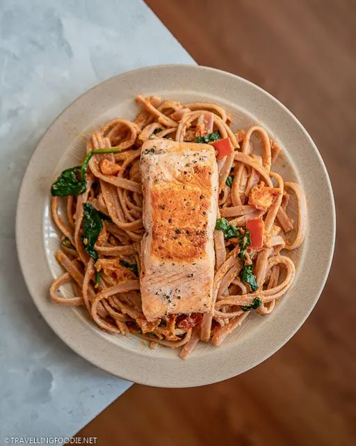 Salmon tagliatelle with homemade creamy sun dried tomato pesto pasta sauce