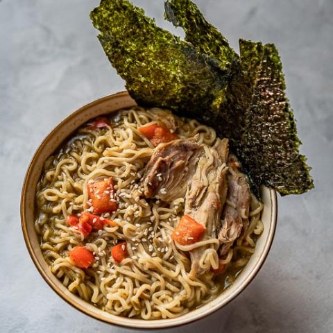 Instant Pot Thai Curry Chicken Noodle Soup with Sesame Seeds and Seaweed
