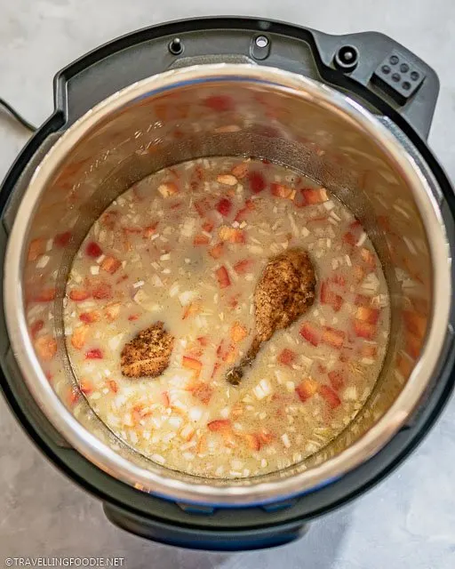 Chicken Legs, Tomatoes and Onions on Thai Green Curry Broth on Instant Pot