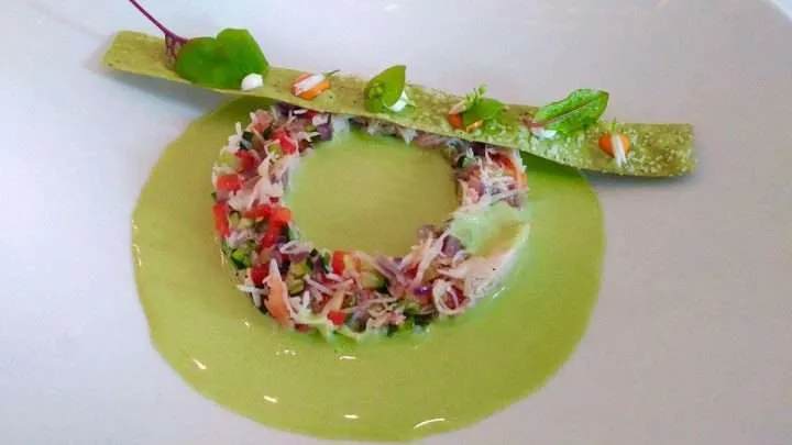 Chilled Pea Soup with Snow Crab and Ratatouille from FK Restaurant Toronto