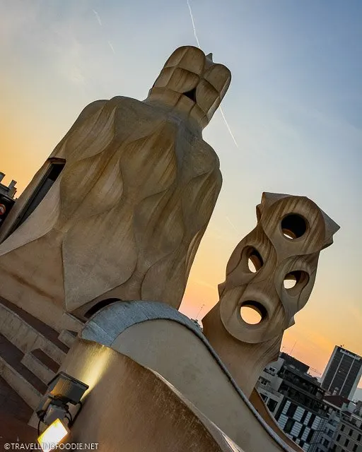 Chimneys and Ventilation tower at Casa Mila in sunset