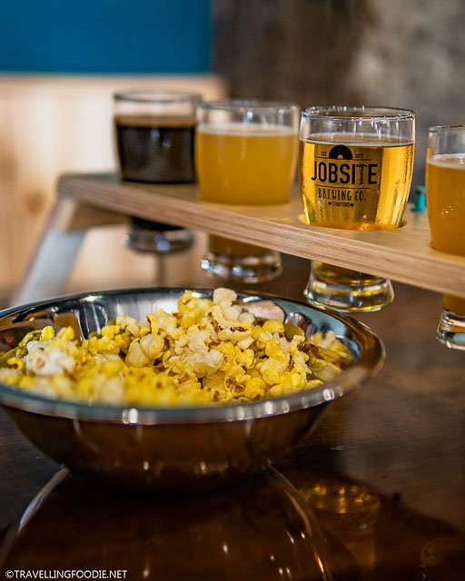 Beer Flight with Buttered Popcorn at Jobsite Brewing in Stratford, Ontario