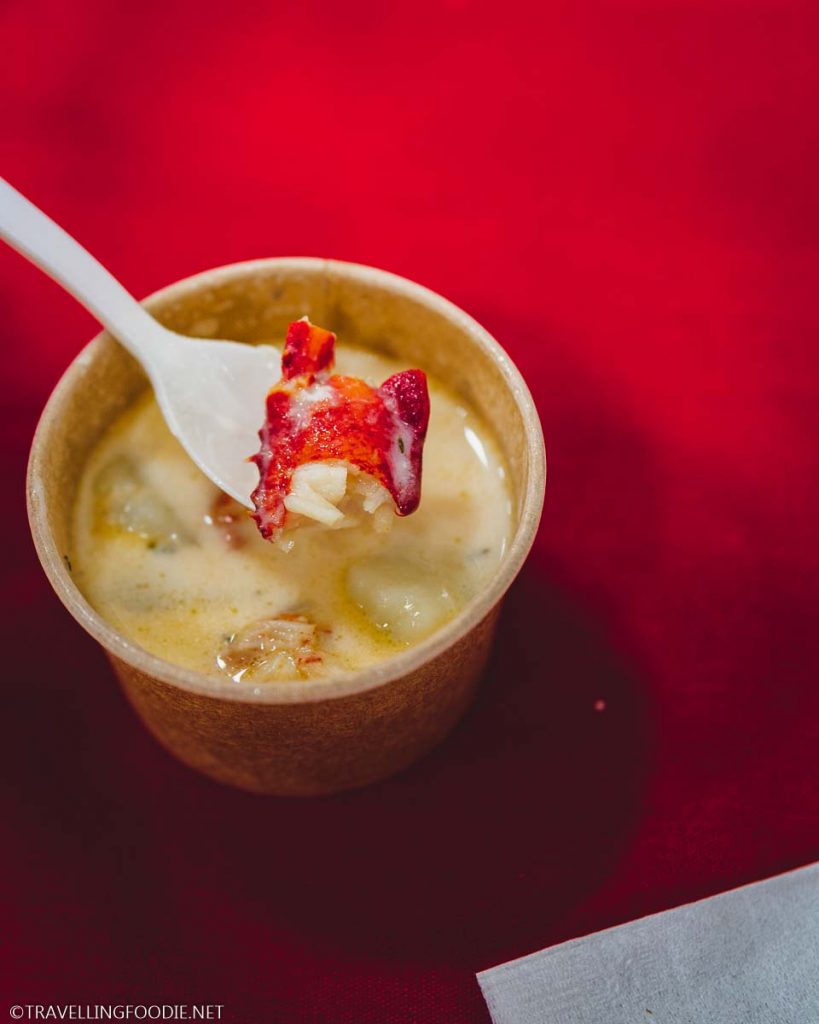 A piece of lobster in seafood chowder during Annual Lobster Chowder Chowdown Showdown 2020 in Chester, Nova Scotia