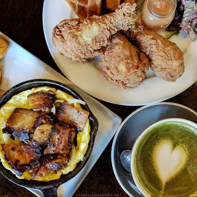 Chicken and Waffles, Pork Belly Omelette and Matcha Latte at Alchemy Coffee in Markham