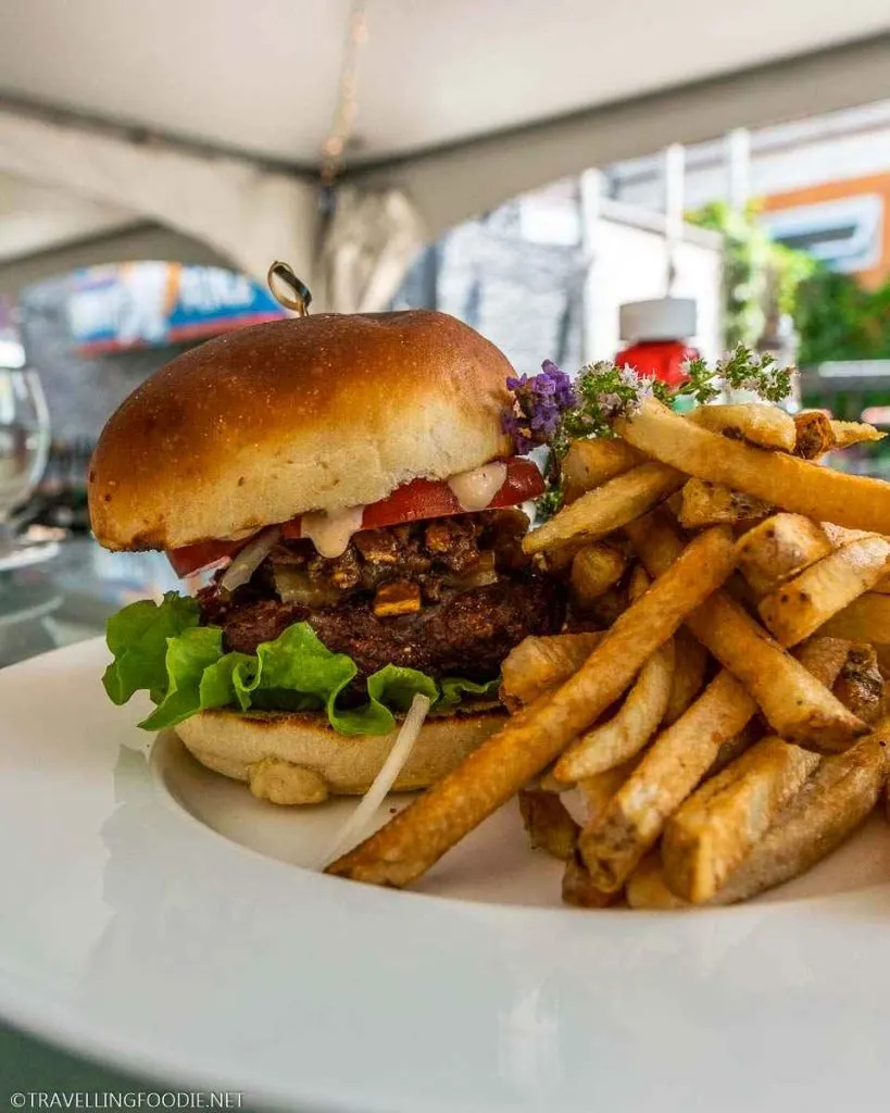 Bison and Beef Burger with Fries at The White Owl Bistro in North Bay, Ontario