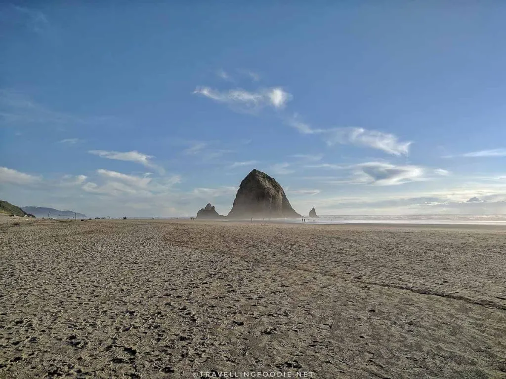 Sandy beach with Haystack Rock in the background
