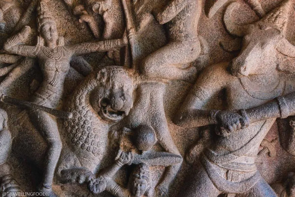 Carvings at Mahishasura Mardini Mandapa Cave at the Group of Monuments at Mahabalipuram in India