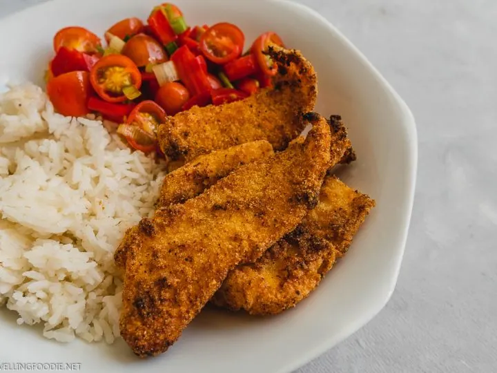 Air Fryer Fried Fish on Plate with Rice and Salsa Fresca