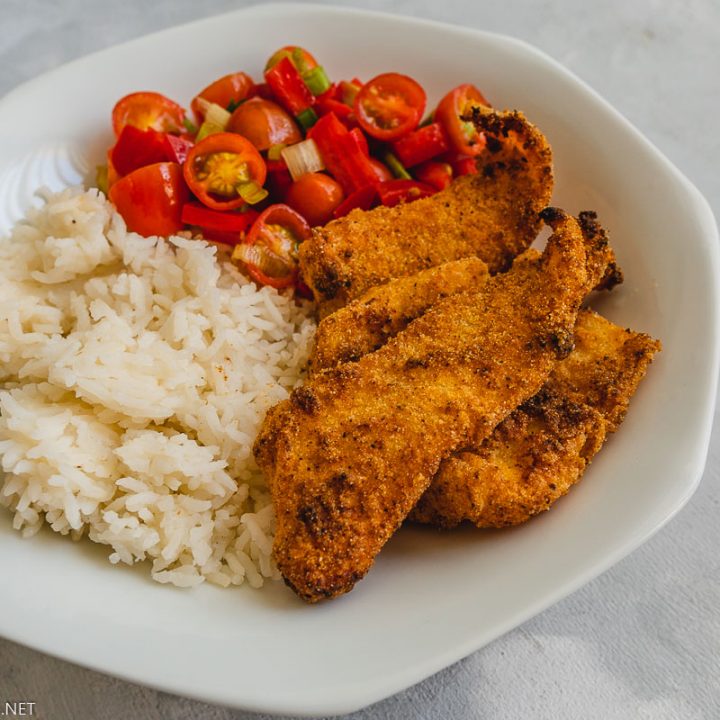 Air Fryer Battered Fish on Plate with Salsa Fresca and Rice