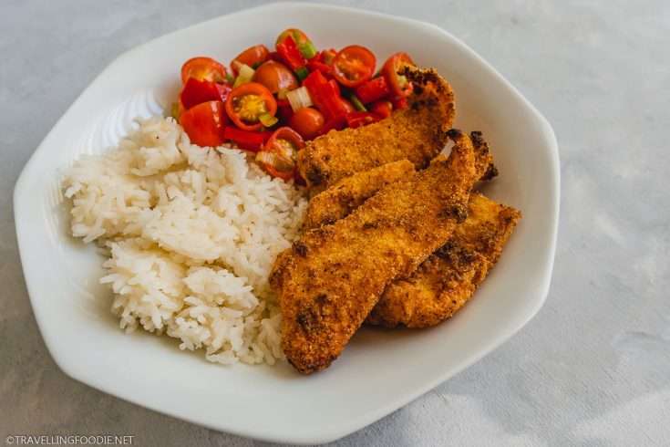 Air Fryer Battered Fish on Plate with Salsa Fresca and Rice