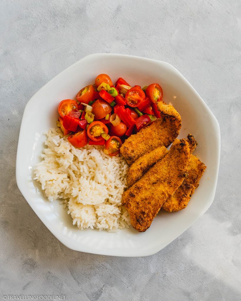 Air Fryer Battered Fish on Plate with Rice and Salsa Fresca