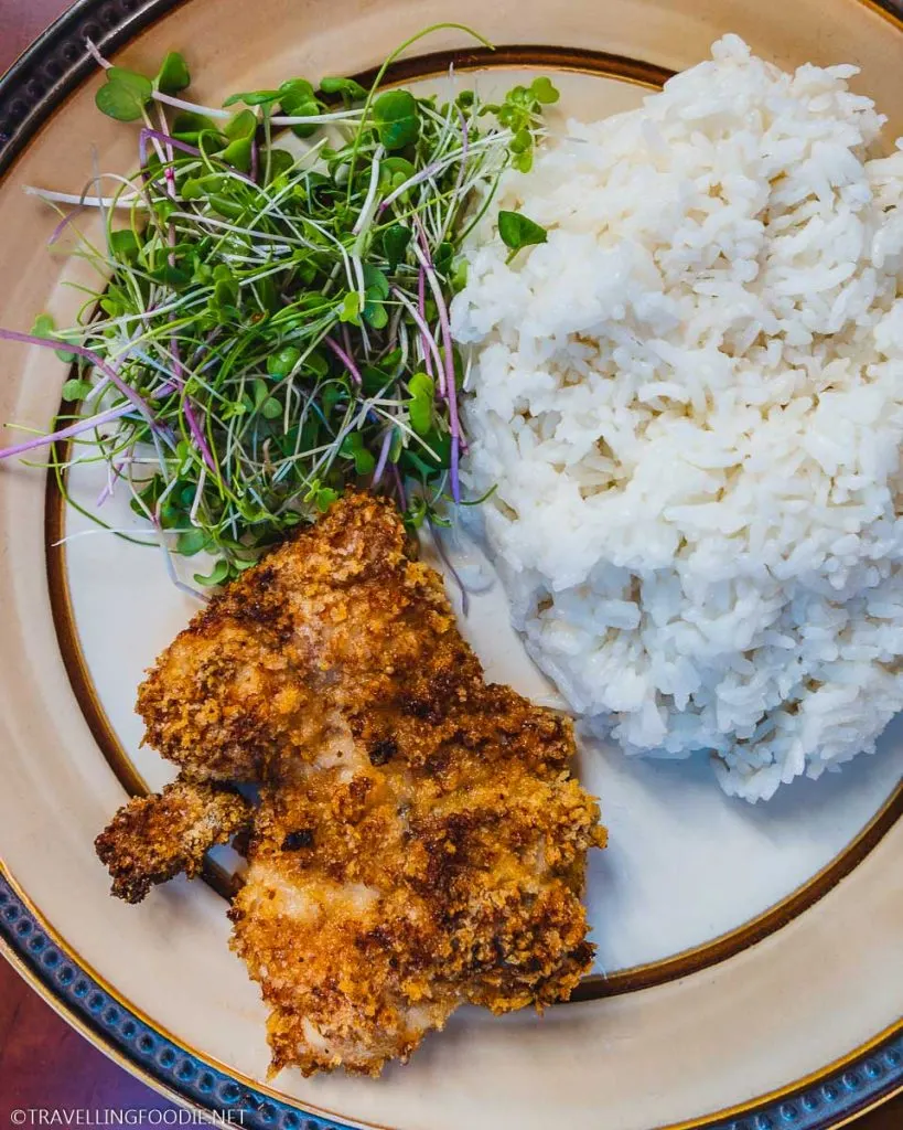 Air Fryer Fried Chicken with Rice and Microgreens