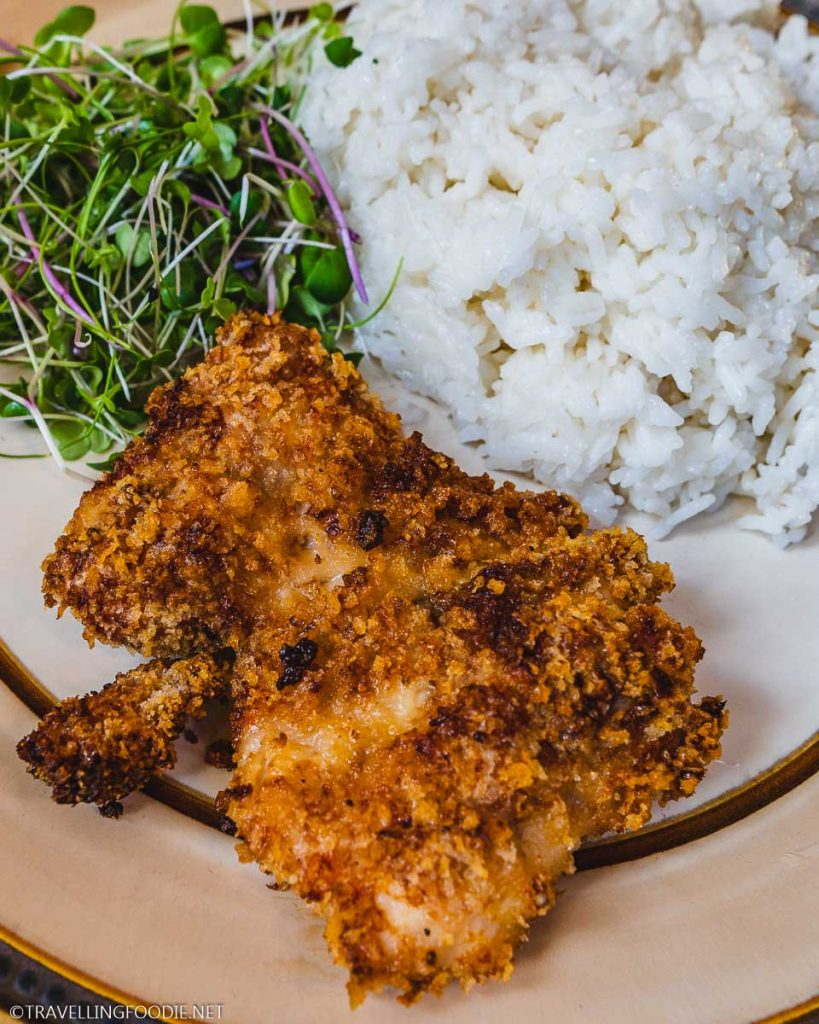 Air Fryer Breaded Chicken with Rice and Microgreens