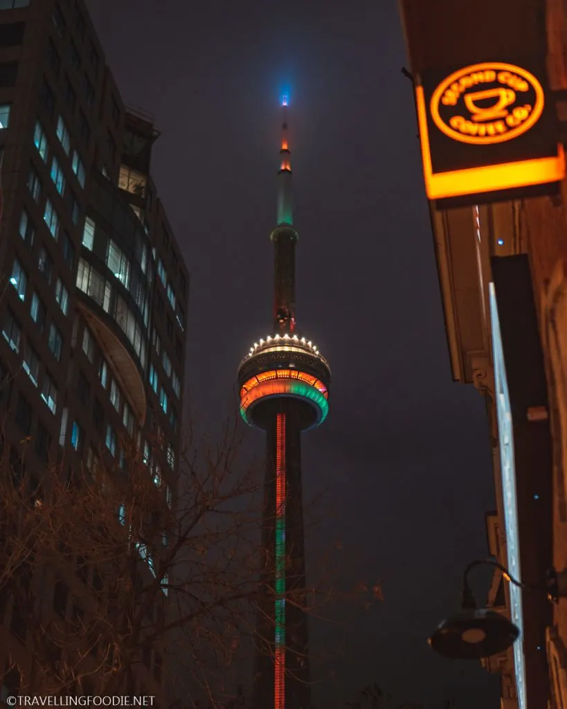 CN Tower at Night with green and red colors