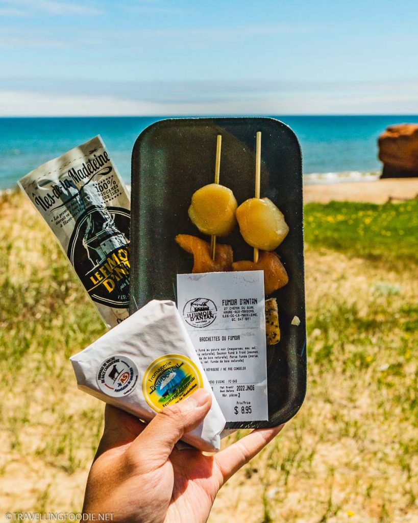 Smoked Skewers from Le Fumoir D'antan and Cheese from Fromagerie du Pied-de-Vent at Iles de la Madeleine