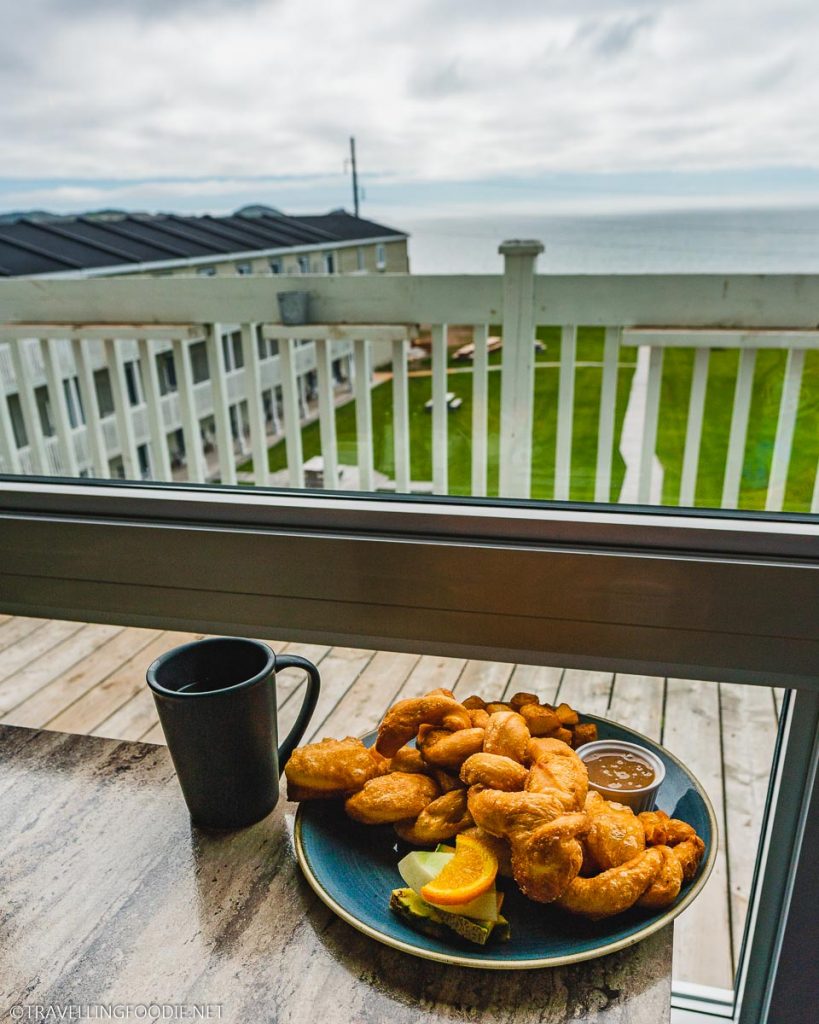 Beignet and Coffee with view at Resto Bistro Accents in Magdalen Islands